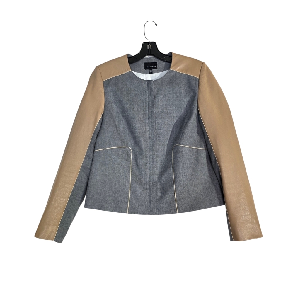 Judith & Charles collarless zip up wool and lamb leather contrast blazer/ jacket